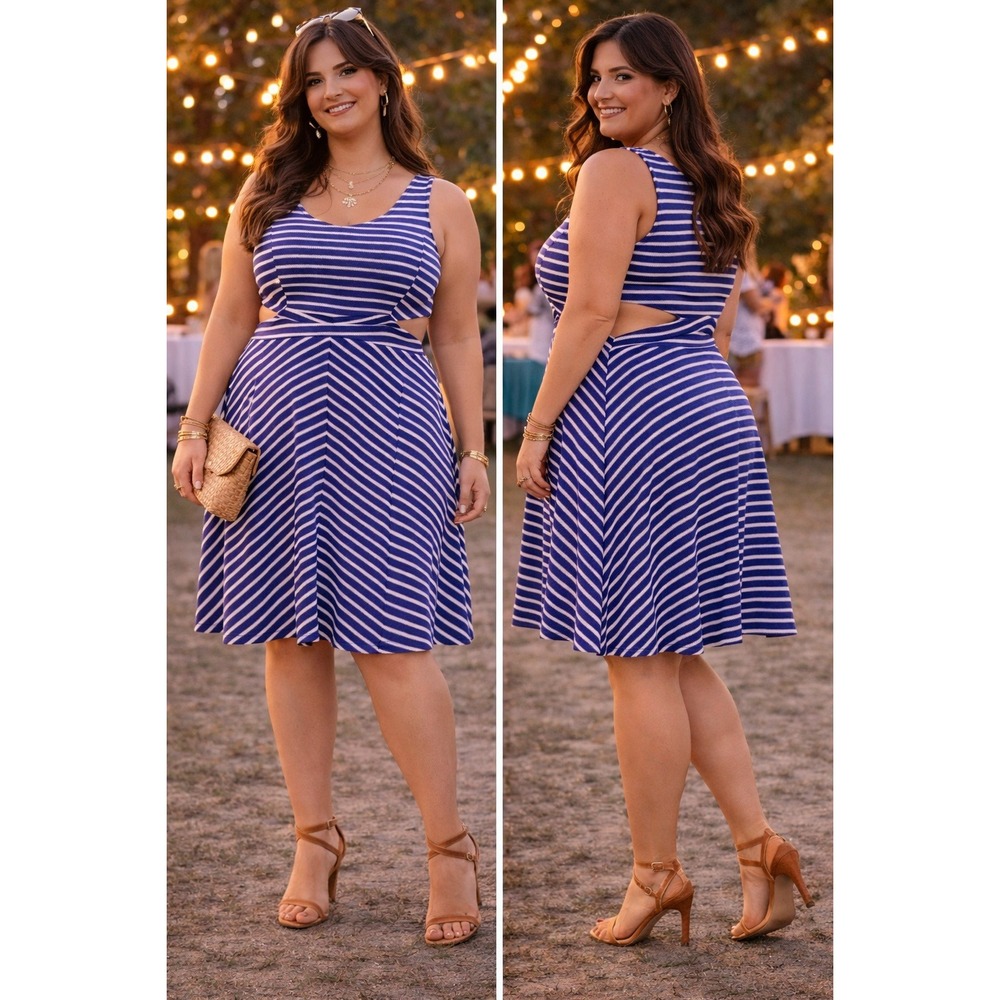 Summer Wedding‎ Blue White Striped Skater Side Cut Outs Zip Back 2XL Dress